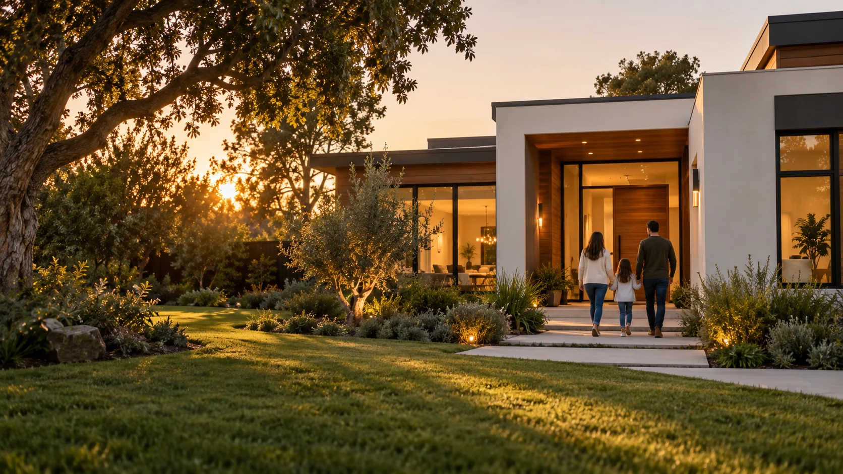 Family approaching a modern home at sunset